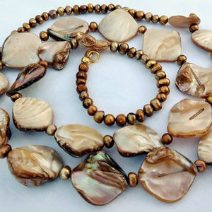 Golden Brown Baroque Pearls & Shells Necklace